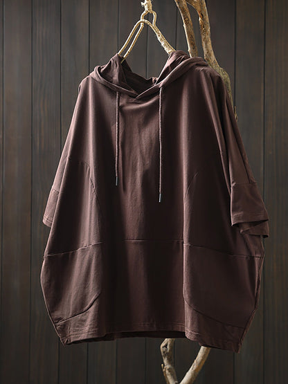 Women's Shirt Plus Size Casual Hooded Cotton Top, Three-Quarter Sleeves, Relaxed Fit - Brand Name - 9