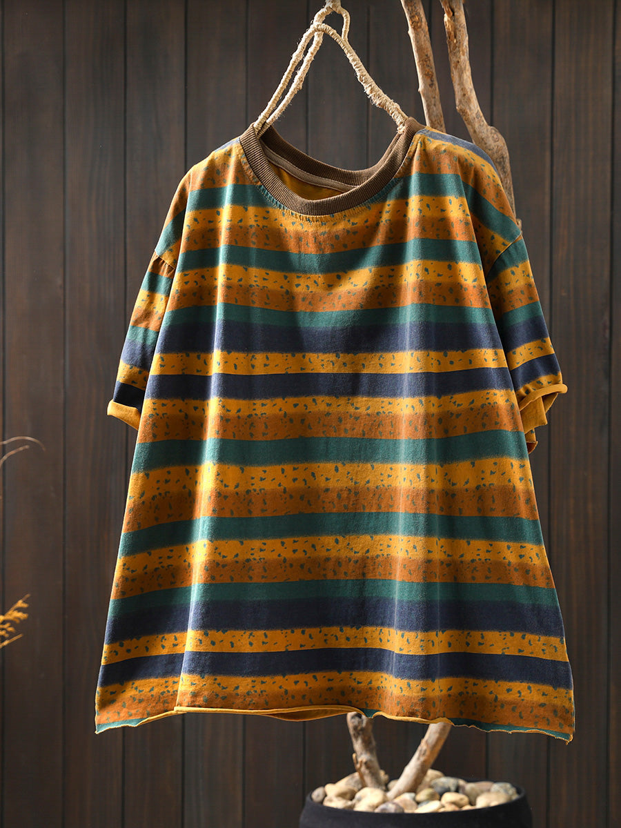 Plus Size Shirt for Women - Retro Colorblock Design, Short Sleeve, 100% Cotton - Summer Top - 7