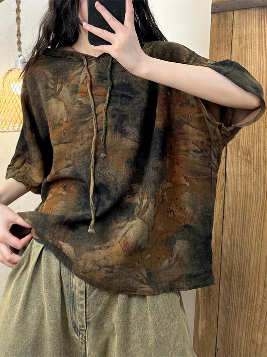 Women's Shirt - Plus Size Cotton Hooded Top, Retro Print, Half Sleeve - Vintage Style - 1