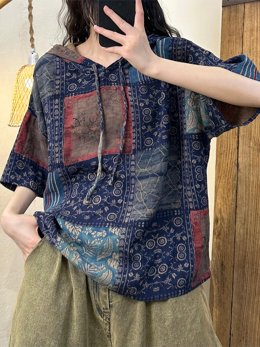 Women's Shirt - Plus Size Cotton Hooded Top, Retro Print, Half Sleeve - Vintage Style - 3