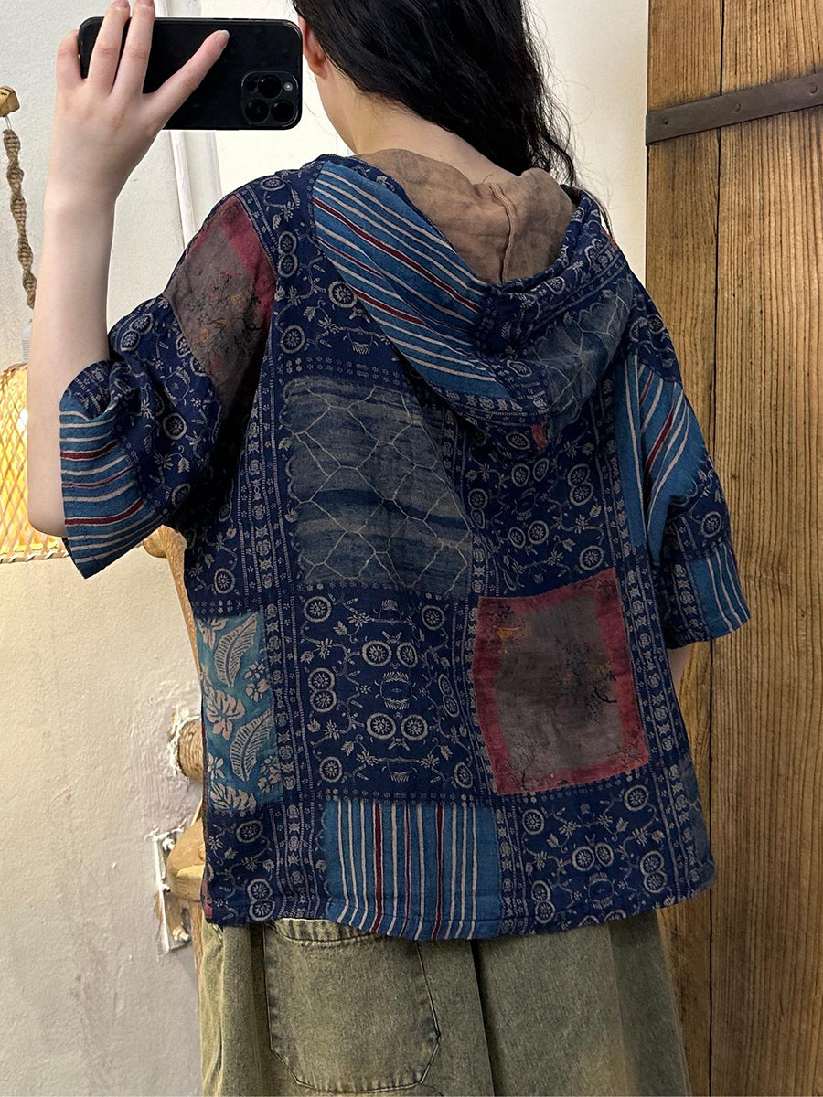 Women's Shirt - Plus Size Cotton Hooded Top, Retro Print, Half Sleeve - Vintage Style - 4