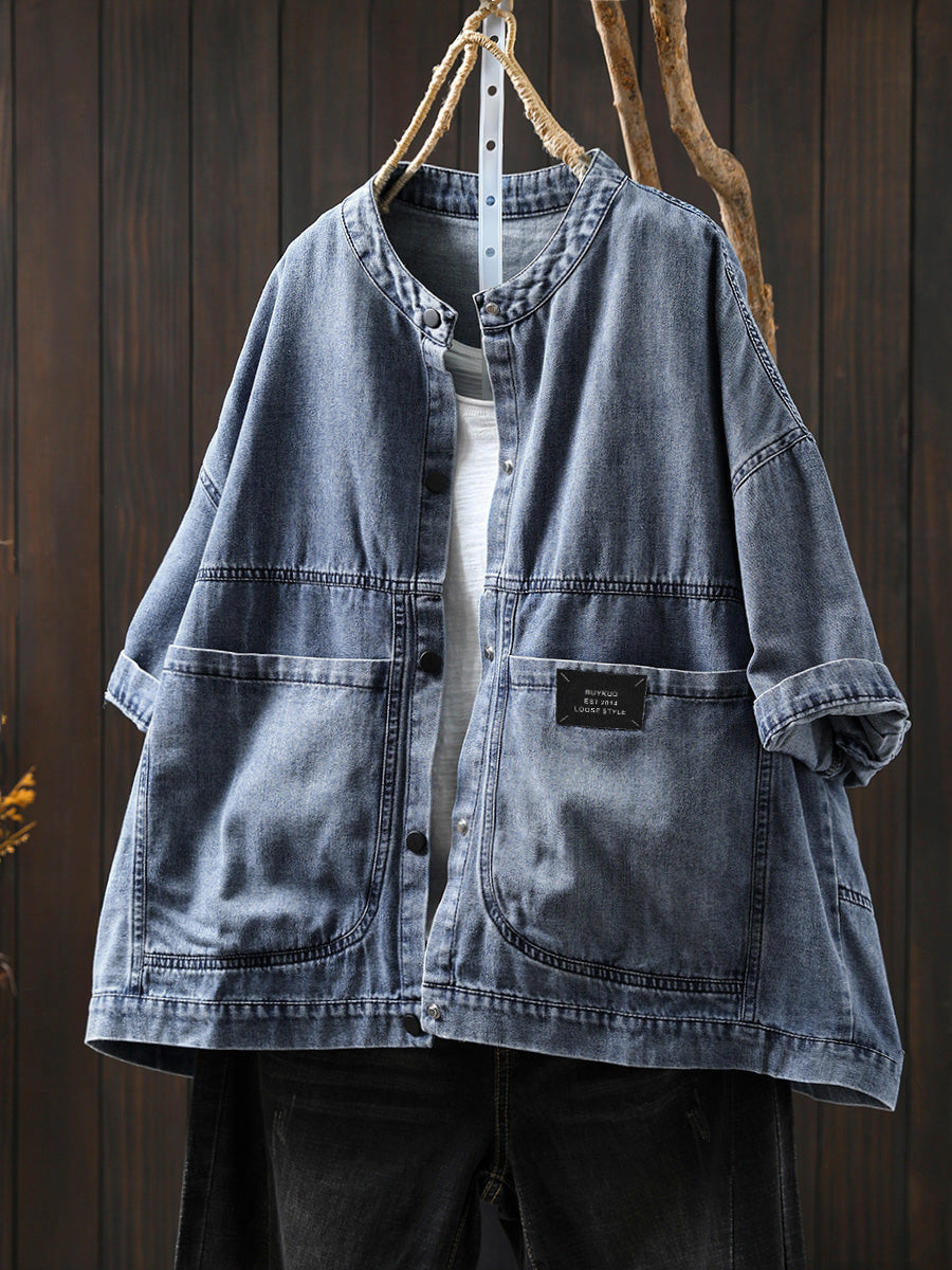 Women's Shirt - Plus Size Denim, Retro Style, Short Raglan Sleeves - Brand Name - 1