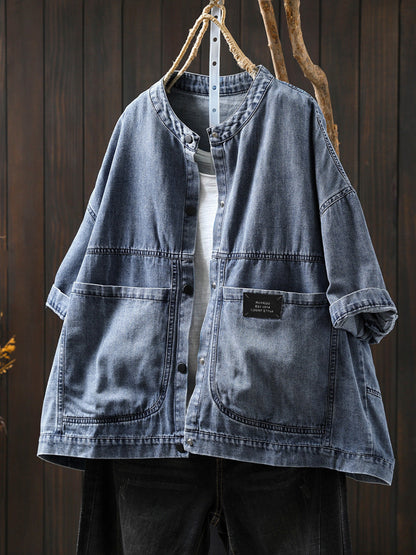 Women's Shirt - Plus Size Denim, Retro Style, Short Raglan Sleeves - Brand Name - 1