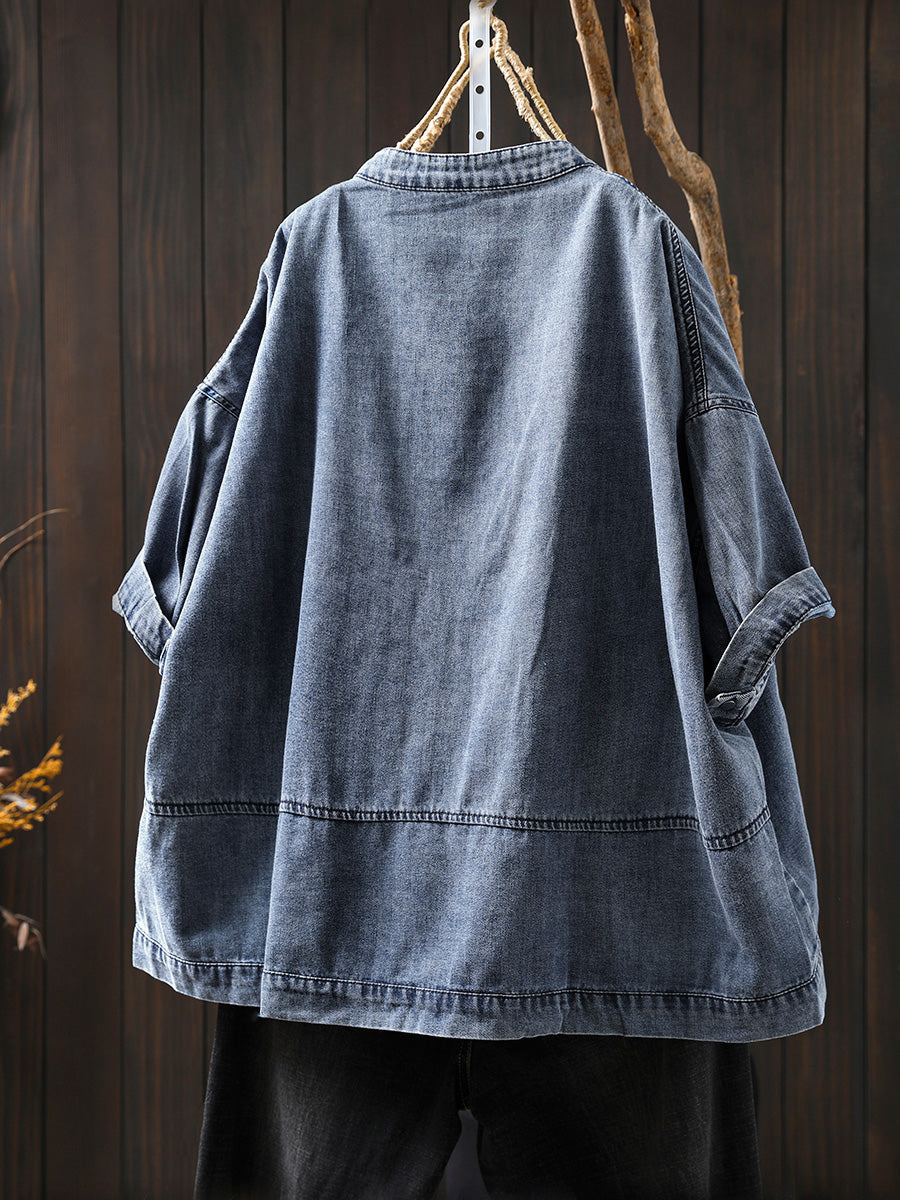 Women's Shirt - Plus Size Denim, Retro Style, Short Raglan Sleeves - Brand Name - 4
