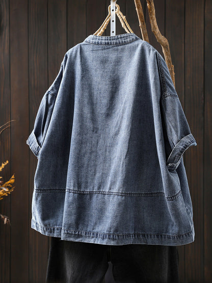 Women's Shirt - Plus Size Denim, Retro Style, Short Raglan Sleeves - Brand Name - 4