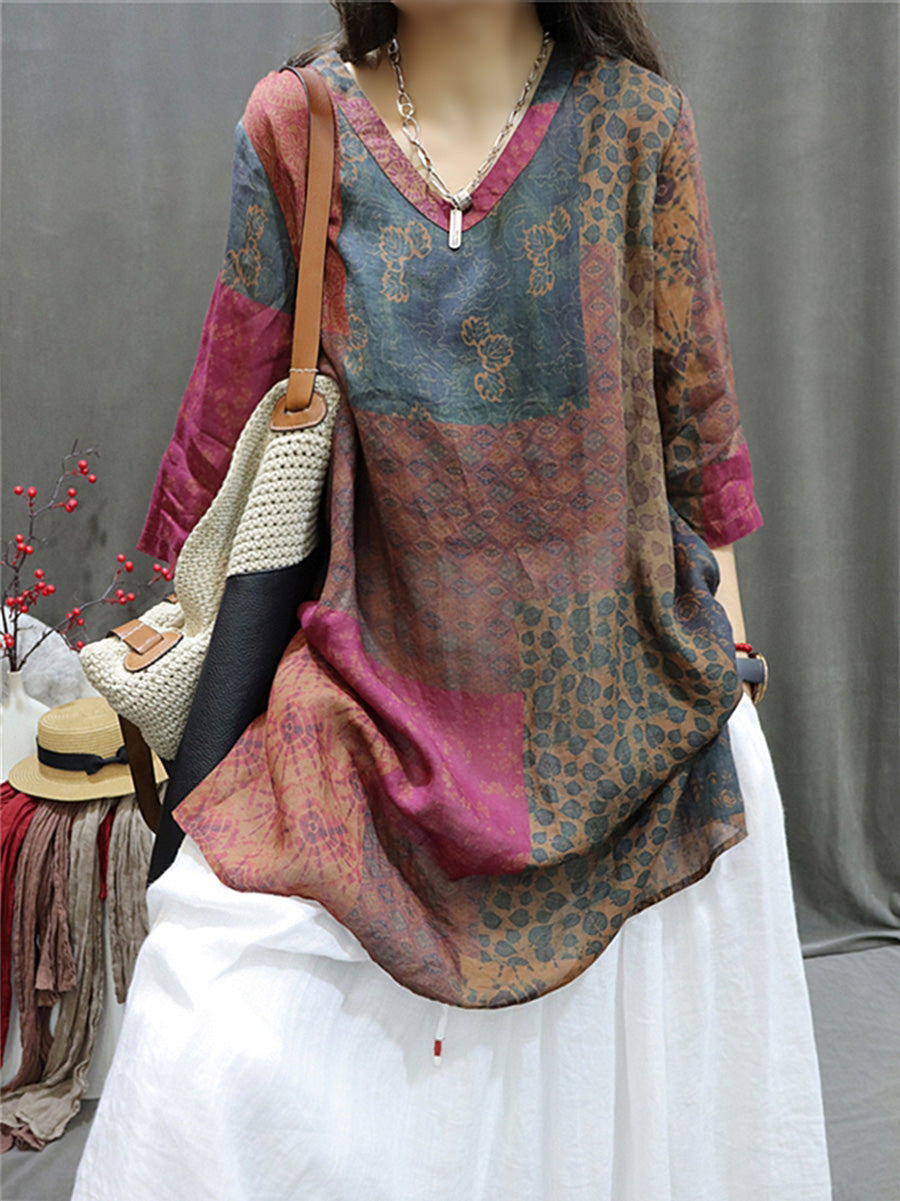 Women's Shirt - Plus Size, Retro V-Neck, Lightweight Ramie - Stylish Summer Blouse by [Brand Name] - 2