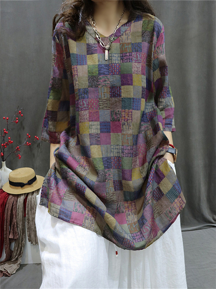 Women's Shirt - Plus Size, Retro V-Neck, Lightweight Ramie - Stylish Summer Blouse by [Brand Name] - 3