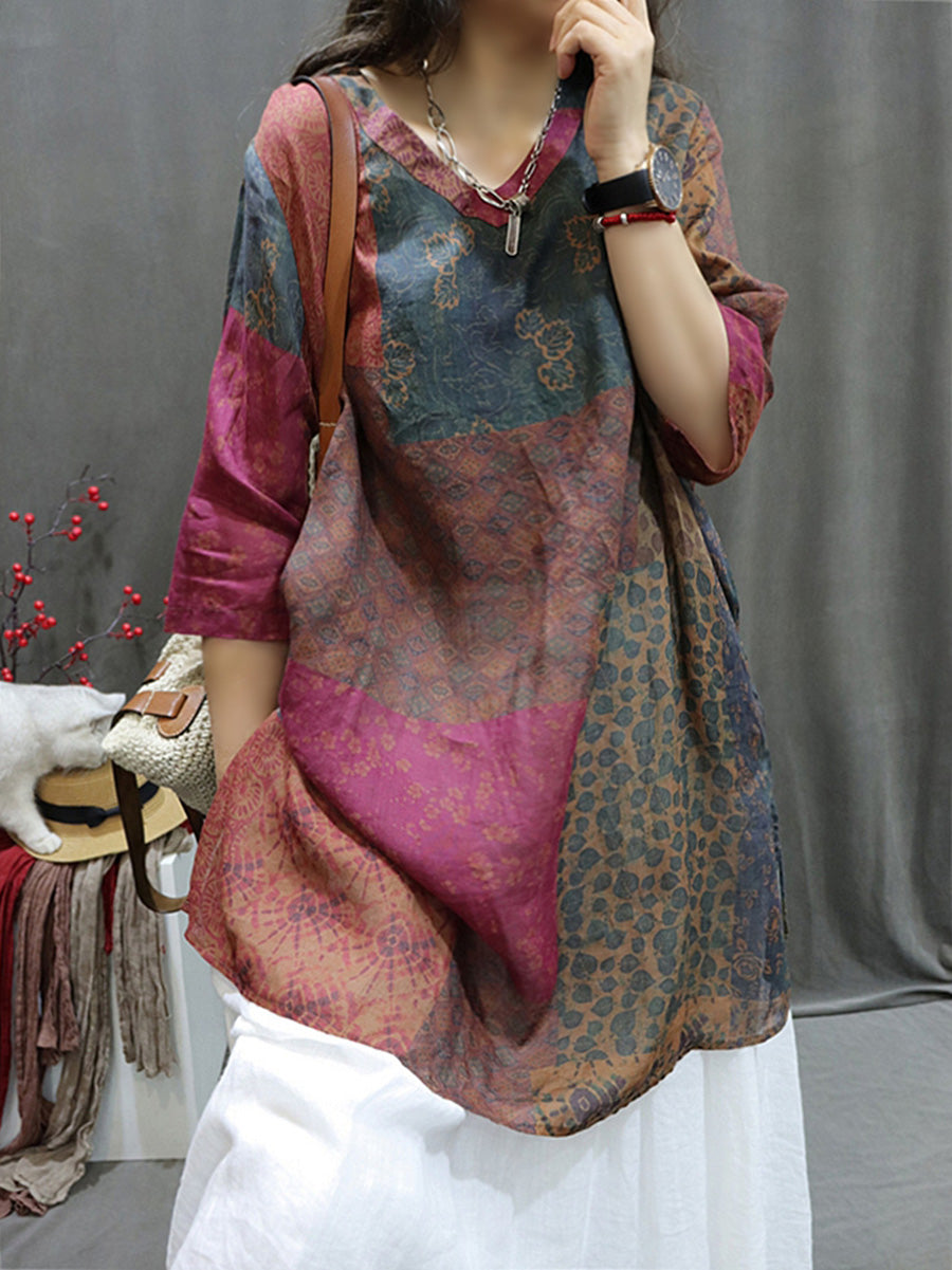 Women's Shirt - Plus Size, Retro V-Neck, Lightweight Ramie - Stylish Summer Blouse by [Brand Name] - 7