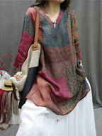 Women's Shirt - Plus Size, Retro V-Neck, Lightweight Ramie - Stylish Summer Blouse by [Brand Name] - 8