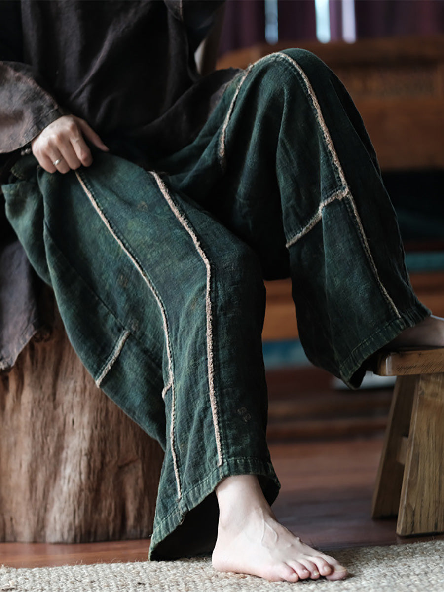 Women's Wide Leg Pants, Cotton, Elastic Waist, Spliced Pattern, Pockets - Brand Name - 1