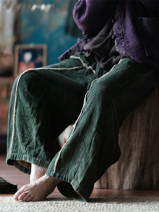 Women's Wide Leg Pants, Cotton, Elastic Waist, Spliced Pattern, Pockets - Brand Name - 2