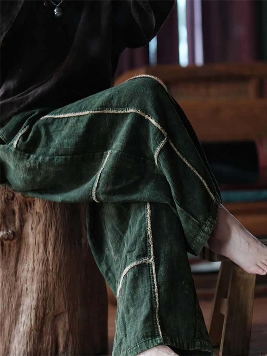 Women's Wide Leg Pants, Cotton, Elastic Waist, Spliced Pattern, Pockets - Brand Name - 3