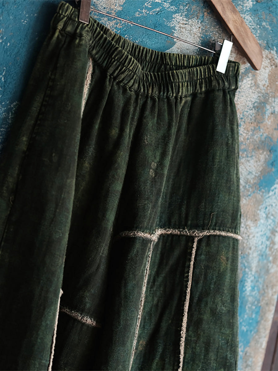 Women's Wide Leg Pants, Cotton, Elastic Waist, Spliced Pattern, Pockets - Brand Name - 4