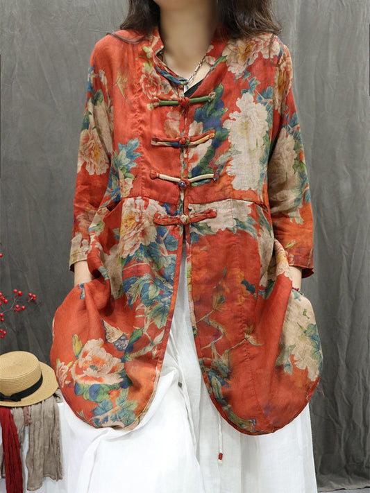 Women's Cardigan - Floral Design, Stand Collar, Lightweight Ramie - Plus Size Summer Cardigan Shirt - 1