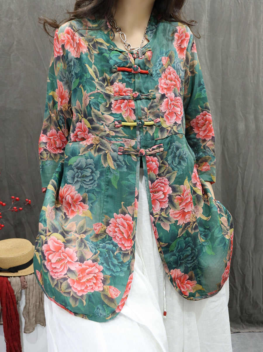 Women's Cardigan - Floral Design, Stand Collar, Lightweight Ramie - Plus Size Summer Cardigan Shirt - 2