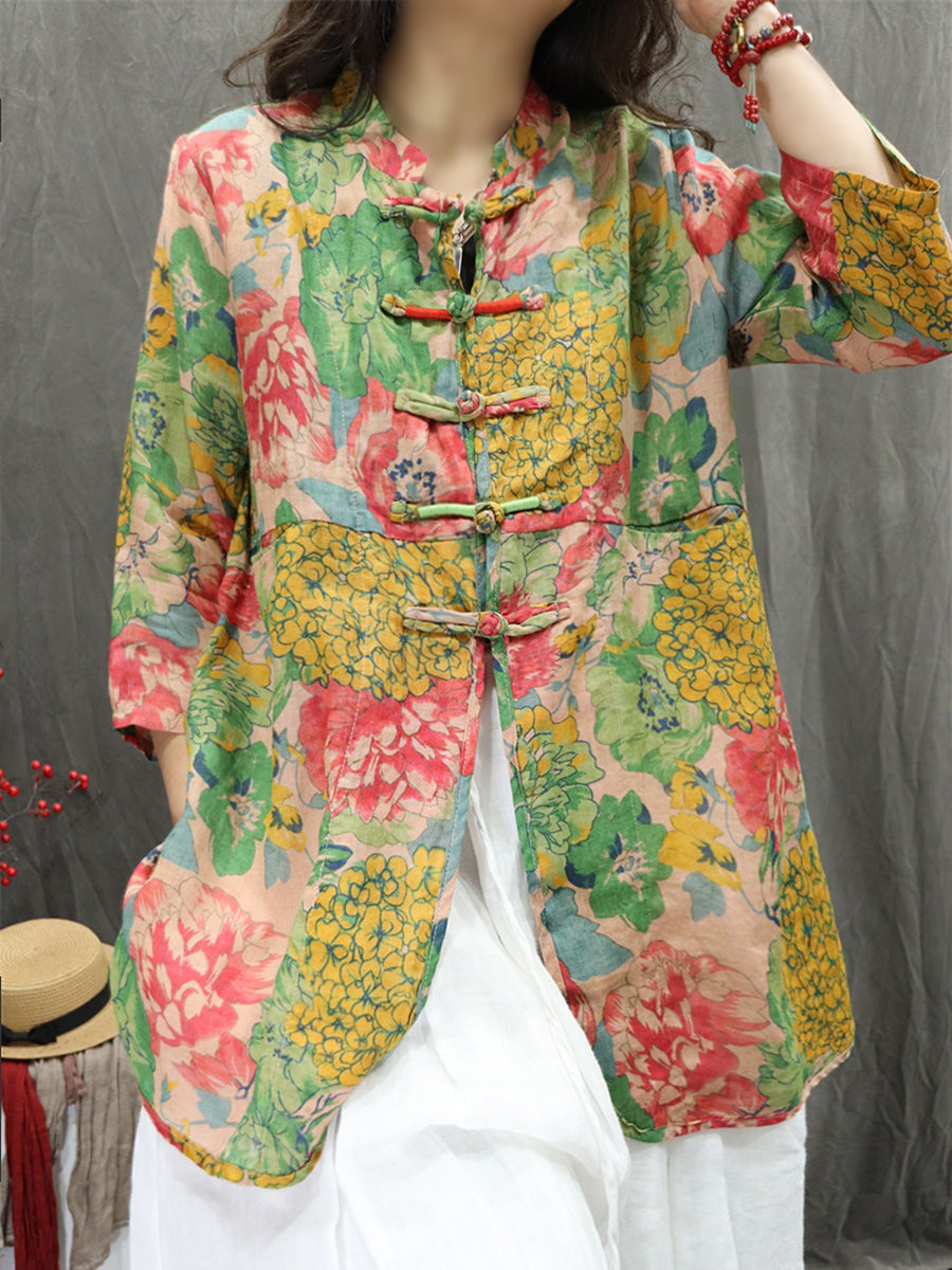Women's Cardigan - Floral Design, Stand Collar, Lightweight Ramie - Plus Size Summer Cardigan Shirt - 3