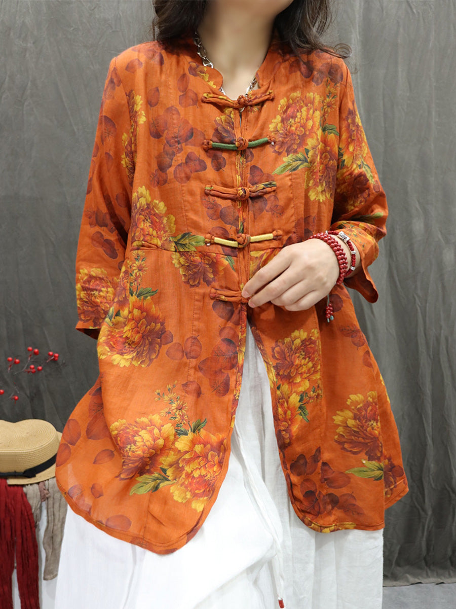 Women's Cardigan - Floral Design, Stand Collar, Lightweight Ramie - Plus Size Summer Cardigan Shirt - 5