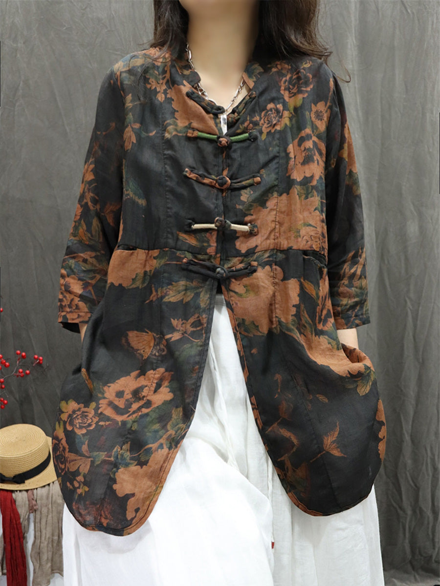 Women's Cardigan - Floral Design, Stand Collar, Lightweight Ramie - Plus Size Summer Cardigan Shirt - 6
