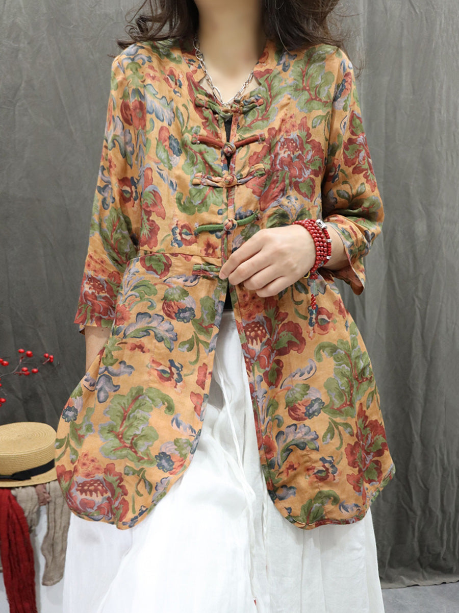 Women's Cardigan - Floral Design, Stand Collar, Lightweight Ramie - Plus Size Summer Cardigan Shirt - 7
