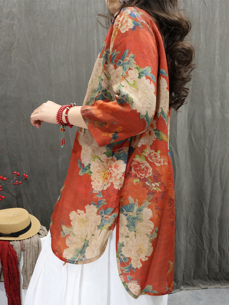 Women's Cardigan - Floral Design, Stand Collar, Lightweight Ramie - Plus Size Summer Cardigan Shirt - 8