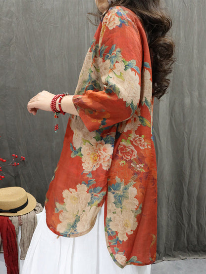 Women's Cardigan - Floral Design, Stand Collar, Lightweight Ramie - Plus Size Summer Cardigan Shirt - 8