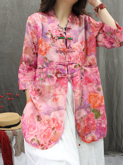 Women's Cardigan - Floral Design, Stand Collar, Lightweight Ramie - Plus Size Summer Cardigan Shirt - 9