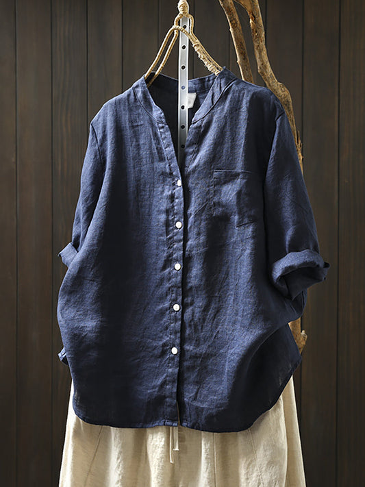 Women's Shirt - Plus Size Linen V-Neck, Three-Quarter Sleeve, Casual Style - Brand Name - 1