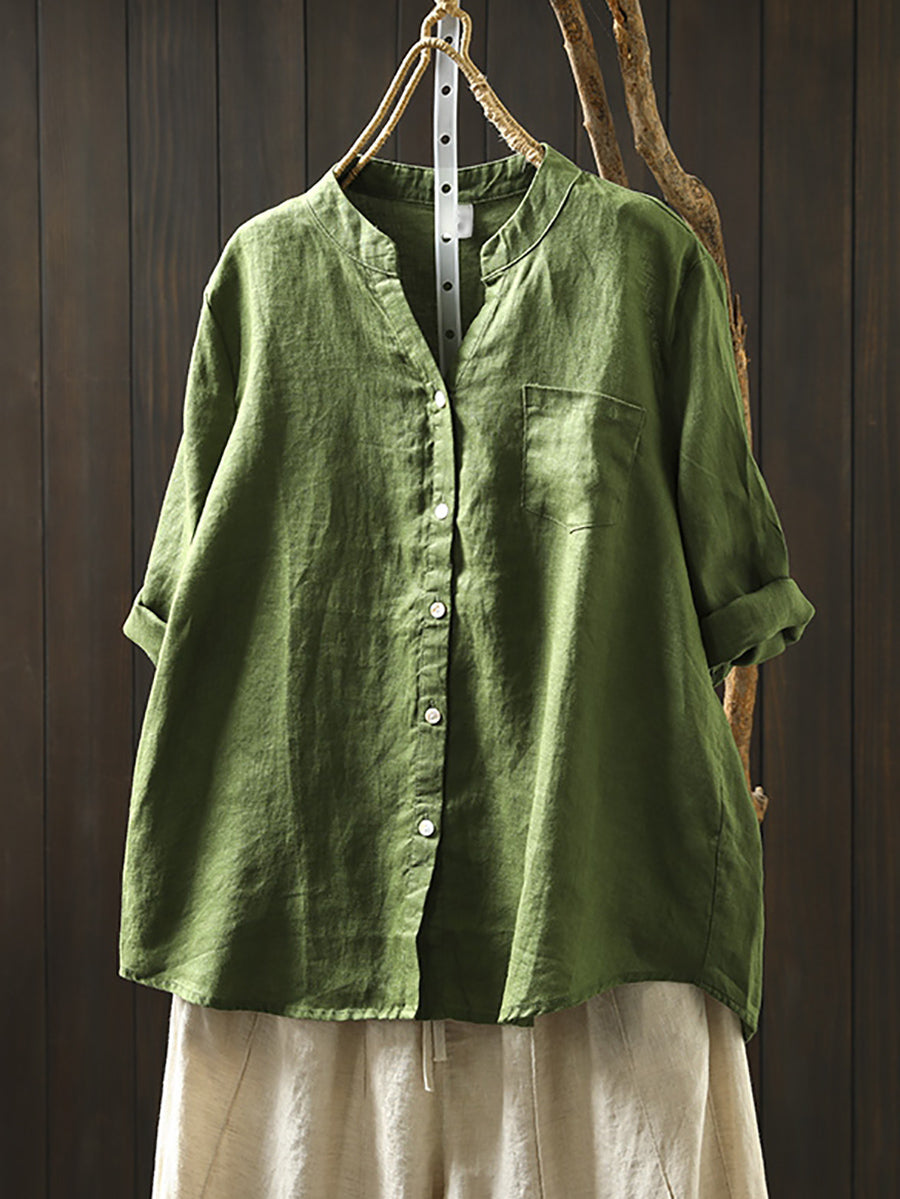 Women's Shirt - Plus Size Linen V-Neck, Three-Quarter Sleeve, Casual Style - Brand Name - 3