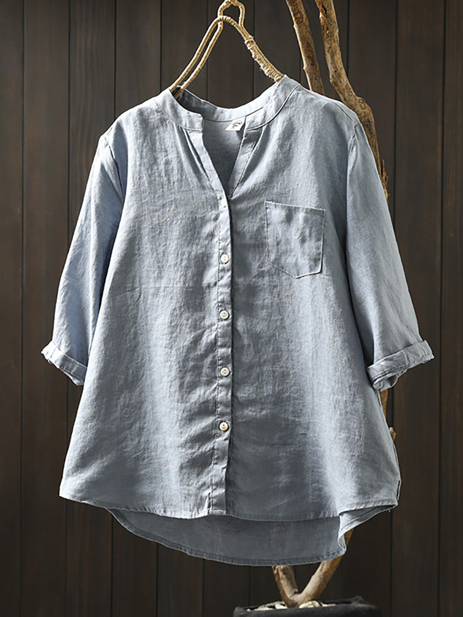 Women's Shirt - Plus Size Linen V-Neck, Three-Quarter Sleeve, Casual Style - Brand Name - 4