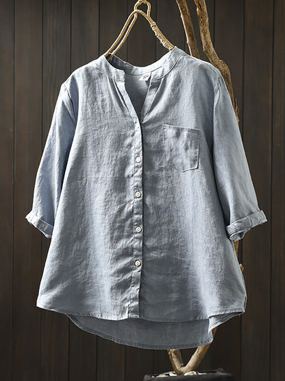 Women's Shirt - Plus Size Linen V-Neck, Three-Quarter Sleeve, Casual Style - Brand Name - 4