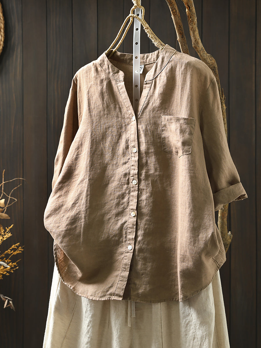 Women's Shirt - Plus Size Linen V-Neck, Three-Quarter Sleeve, Casual Style - Brand Name - 5