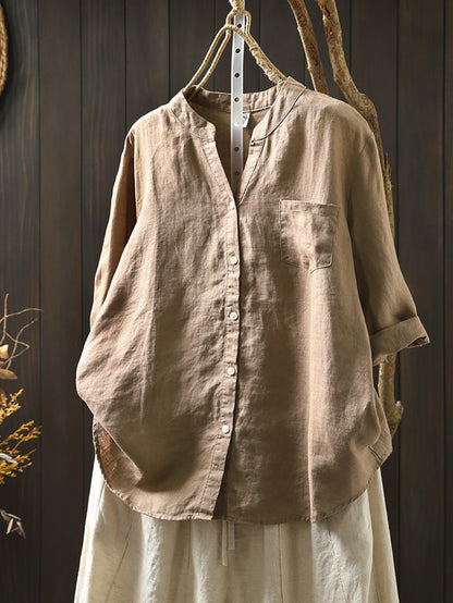 Women's Shirt - Plus Size Linen V-Neck, Three-Quarter Sleeve, Casual Style - Brand Name - 5