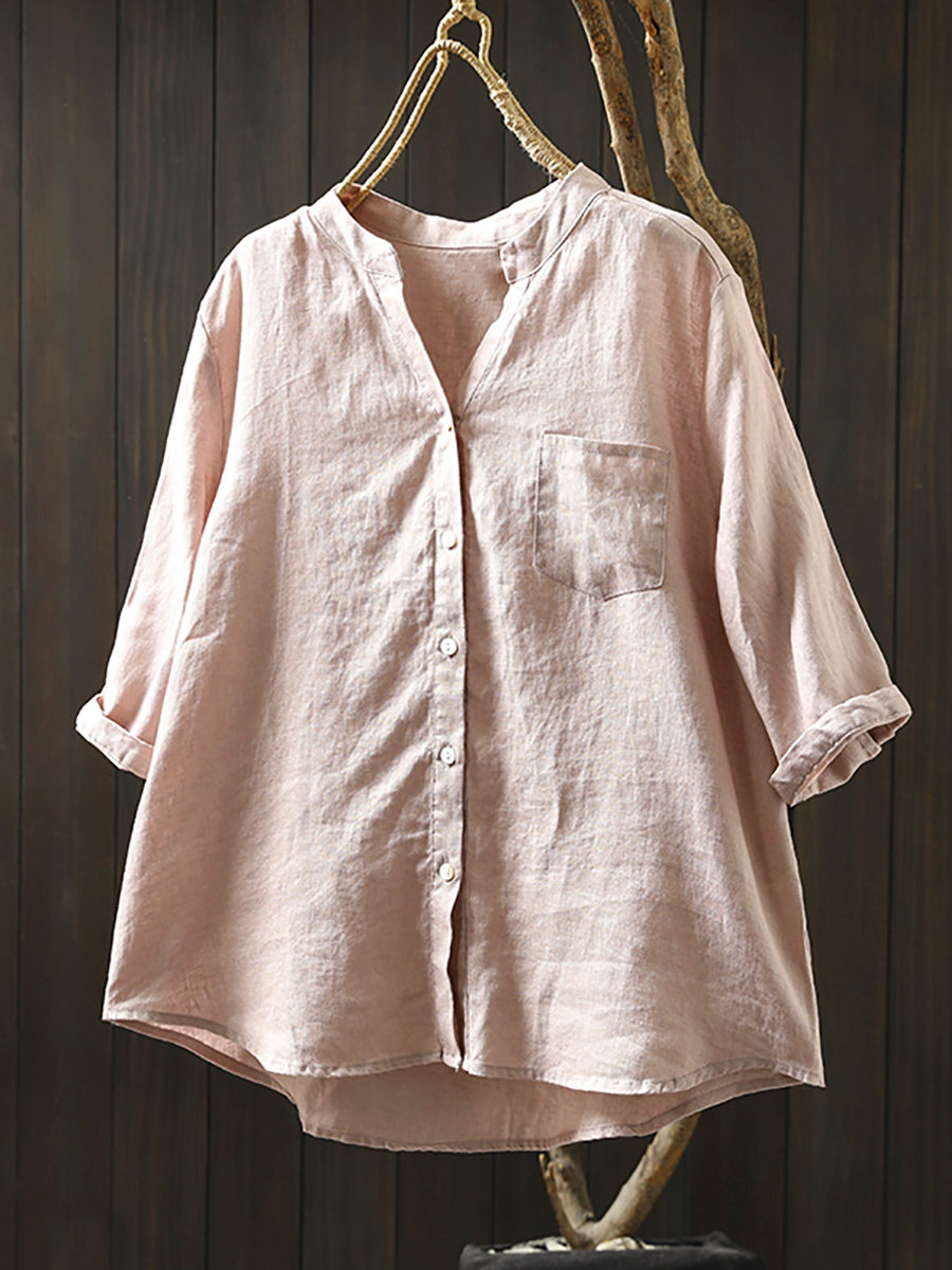 Women's Shirt - Plus Size Linen V-Neck, Three-Quarter Sleeve, Casual Style - Brand Name - 6