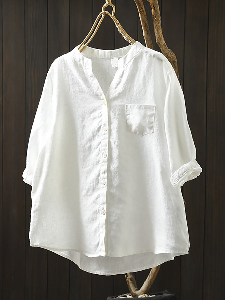 Women's Shirt - Plus Size Linen V-Neck, Three-Quarter Sleeve, Casual Style - Brand Name - 7