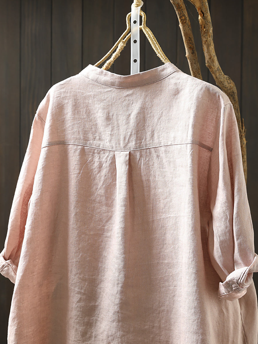 Women's Shirt - Plus Size Linen V-Neck, Three-Quarter Sleeve, Casual Style - Brand Name - 8