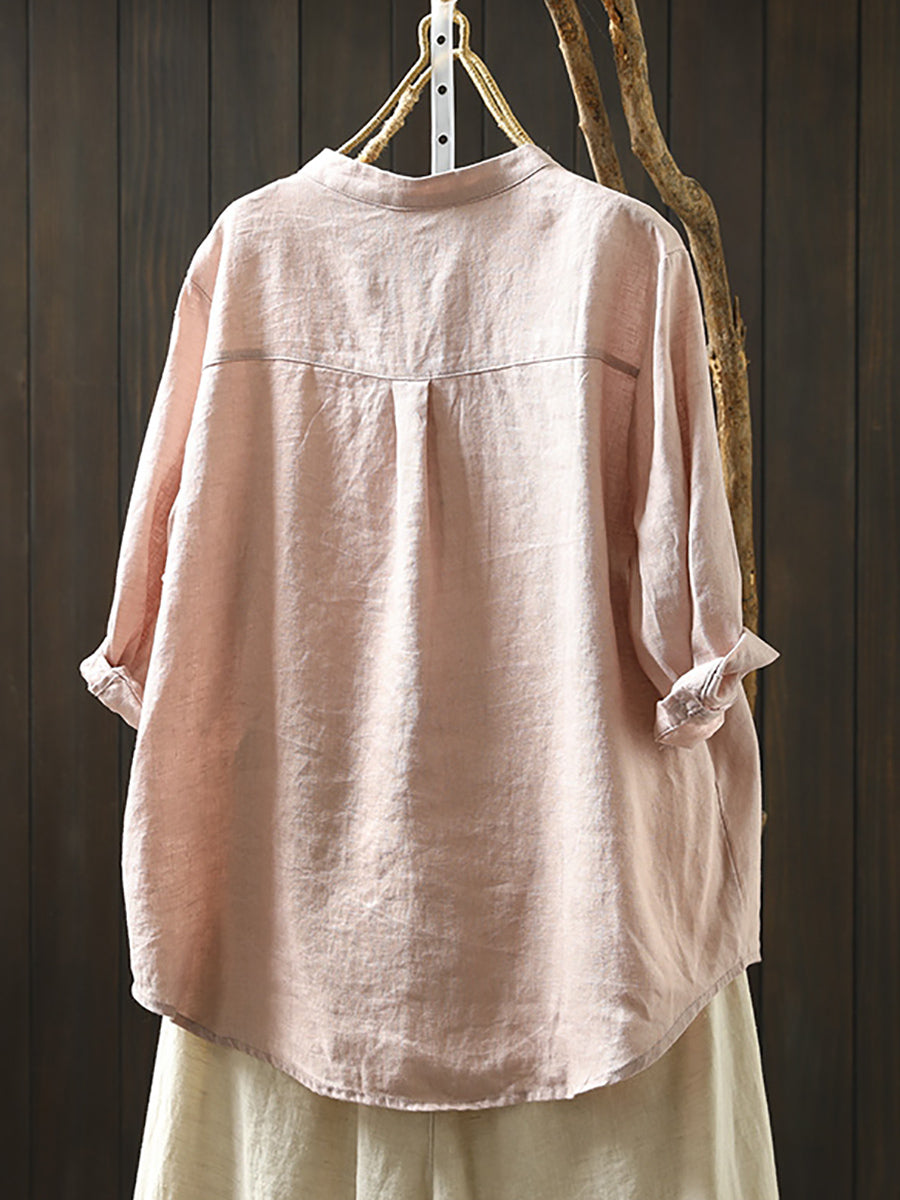 Women's Shirt - Plus Size Linen V-Neck, Three-Quarter Sleeve, Casual Style - Brand Name - 9