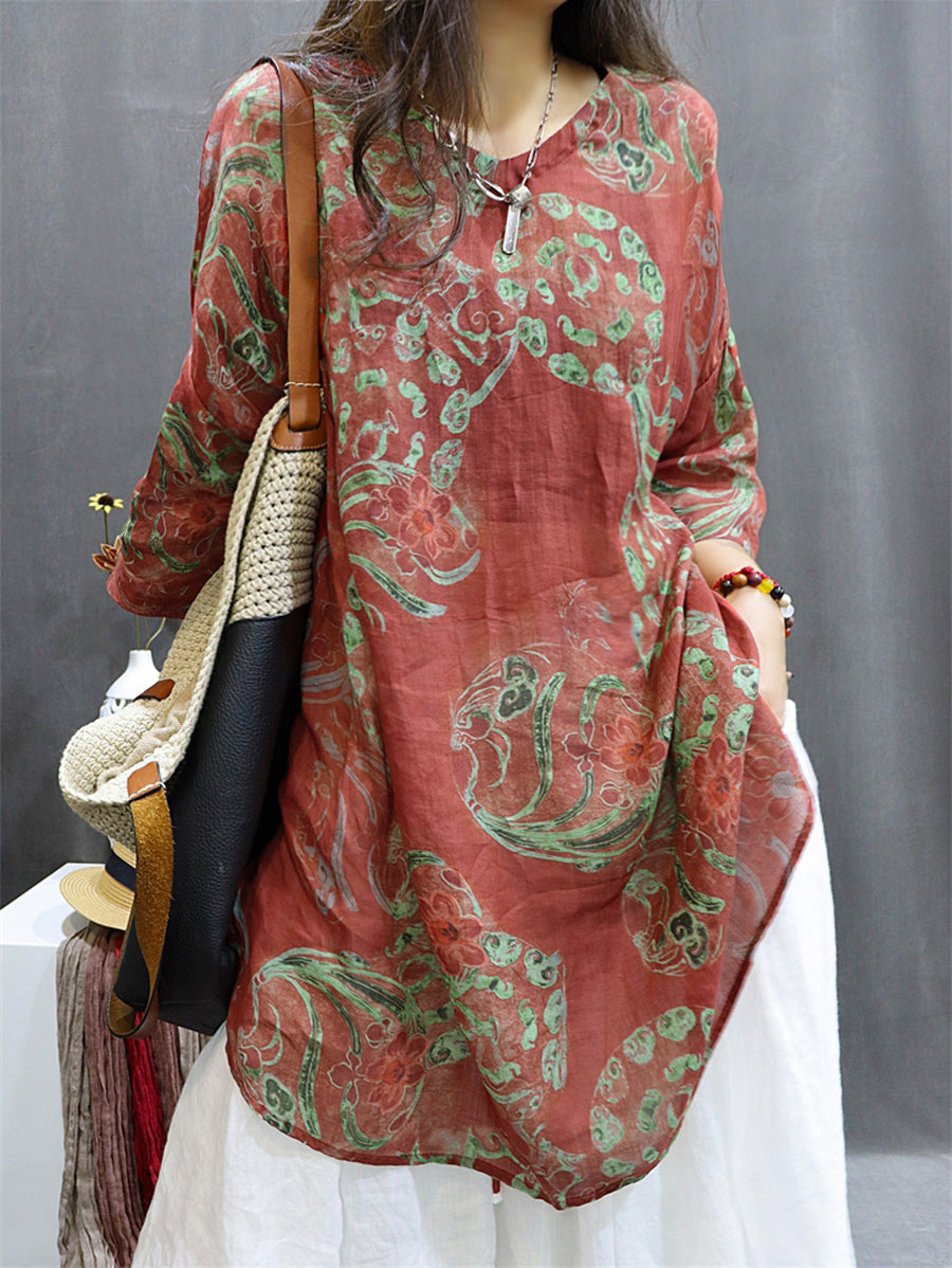 Womens Blouse - Plus Size Vintage Flower Design, O-Neck, 3/4 Sleeves - Ideal Summer Tops for Women - Brand Name - 1