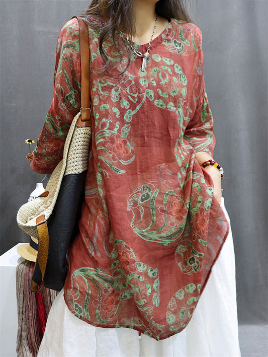 Womens Blouse - Plus Size Vintage Flower Design, O-Neck, 3/4 Sleeves - Ideal Summer Tops for Women - Brand Name - 1