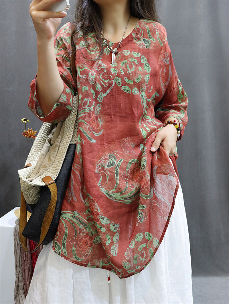 Plus Size Women's Blouse White Ramie Flower Pattern Summer Top - Image 2