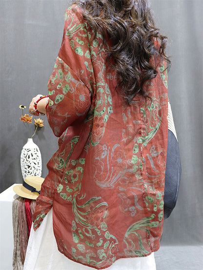 Plus Size Women's Blouse White Ramie Flower Pattern Summer Top - Image 3