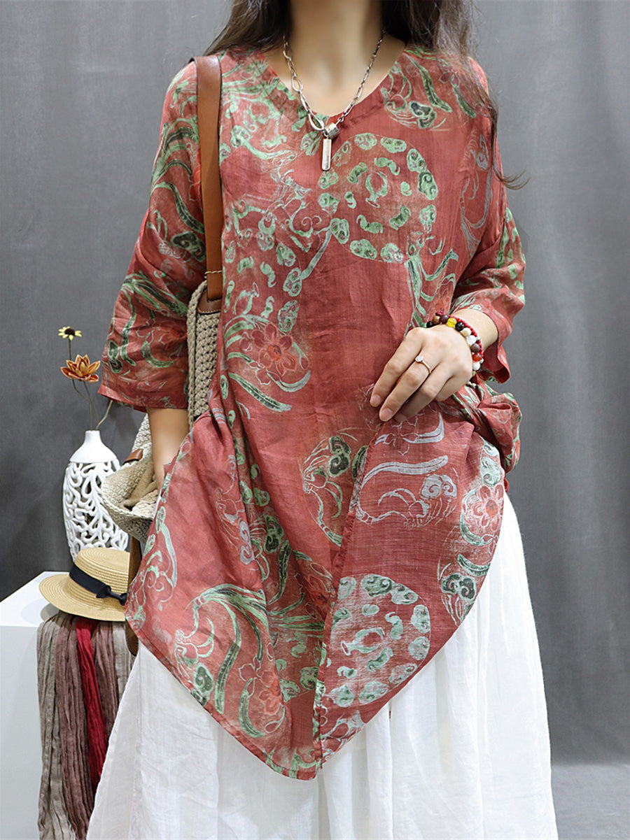 Plus Size Women's Blouse White Ramie Flower Pattern Summer Top - Image 4