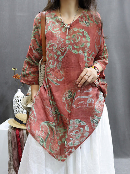 Plus Size Women's Blouse White Ramie Flower Pattern Summer Top - Image 4