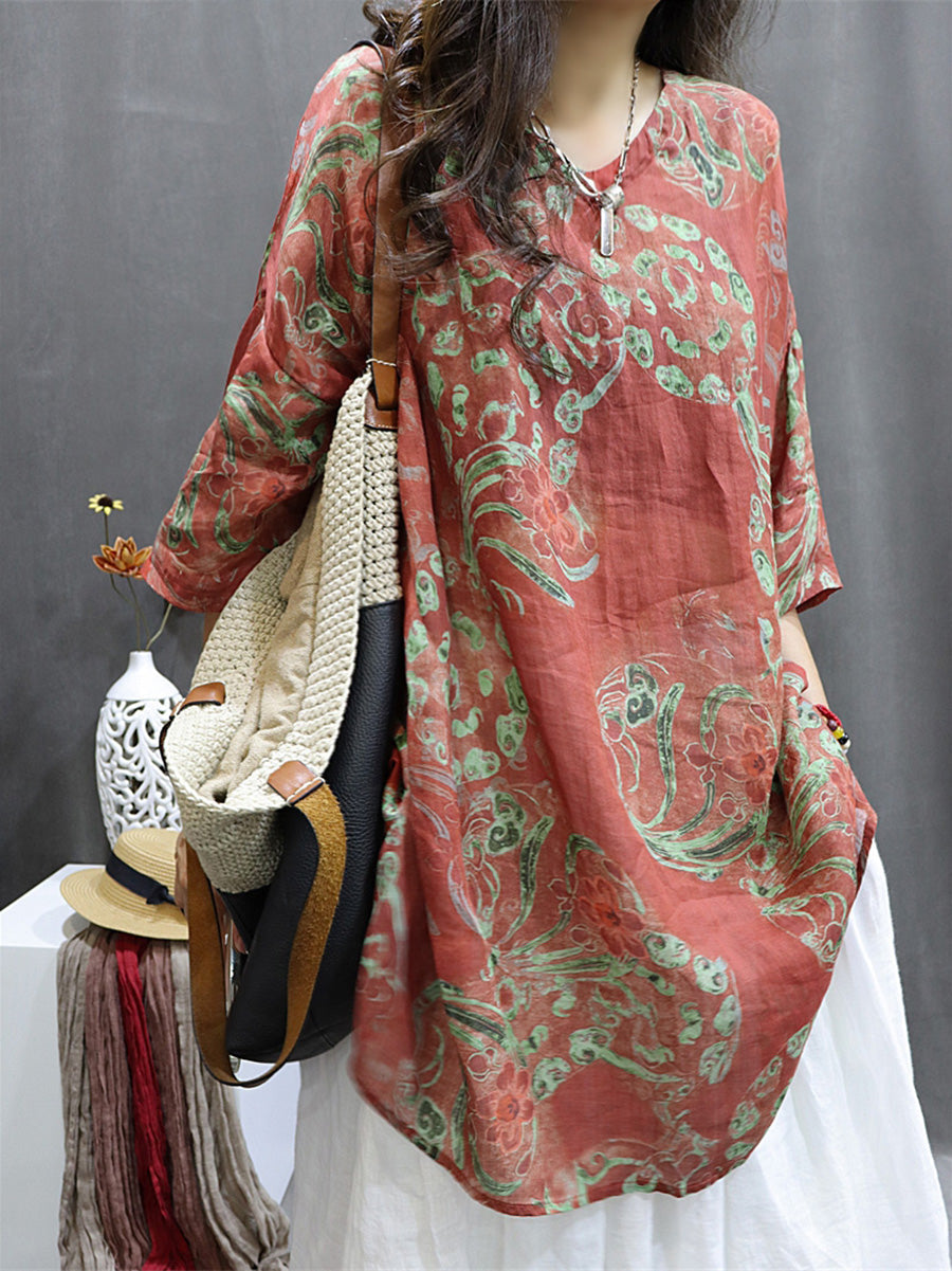 Plus Size Women's Blouse White Ramie Flower Pattern Summer Top - Image 5