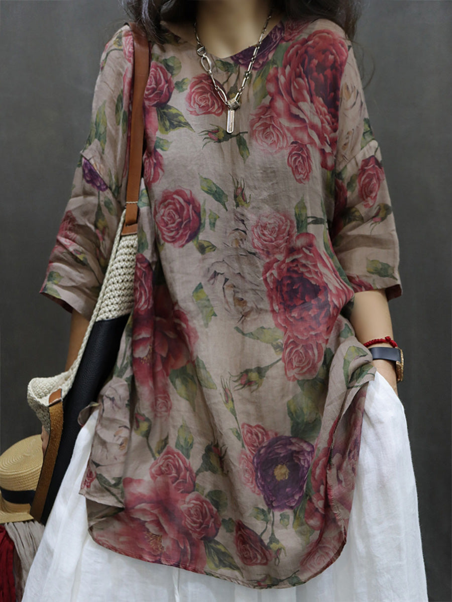 Plus Size Women's Blouse White Ramie Flower Pattern Summer Top - Image 6