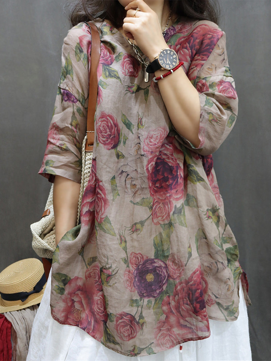 Plus Size Women's Blouse White Ramie Flower Pattern Summer Top - Image 7