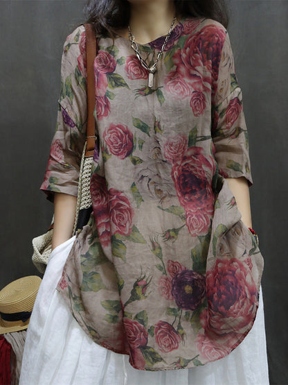 Plus Size Women's Blouse White Ramie Flower Pattern Summer Top - Image 8