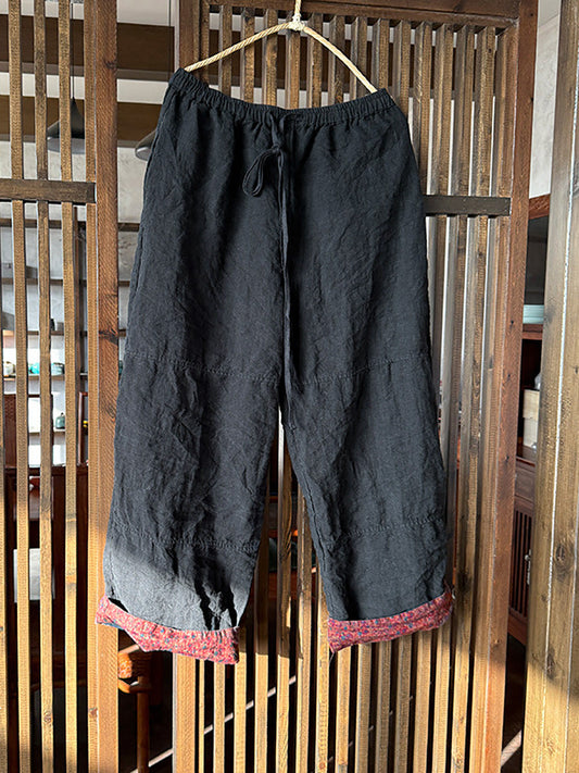 Women's Pants - Plus Size Wide Leg Linen Pants, Vintage Style, Elastic Waist for Comfort - Brand Name - 1