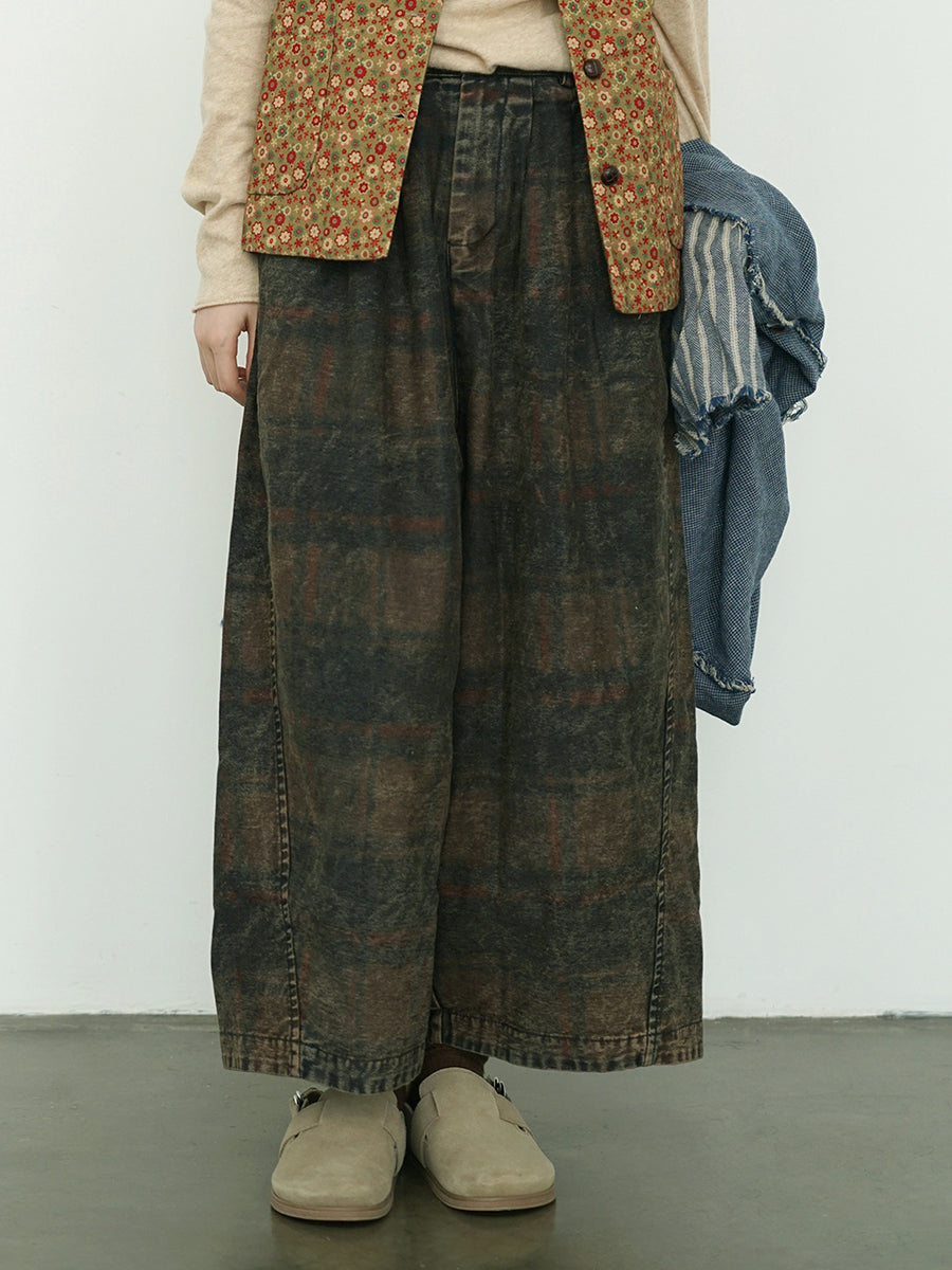 Women's Wide Leg Pants Blue Cotton Blend Retro Flower Design - Image 2