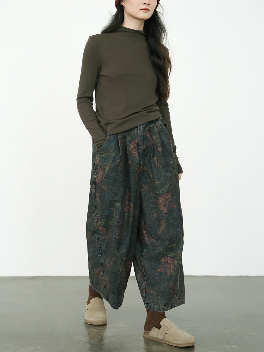 Wide Leg Pants Women - Retro Flower Design, Elastic Waist, Comfortable Fit - Brand Name - 3