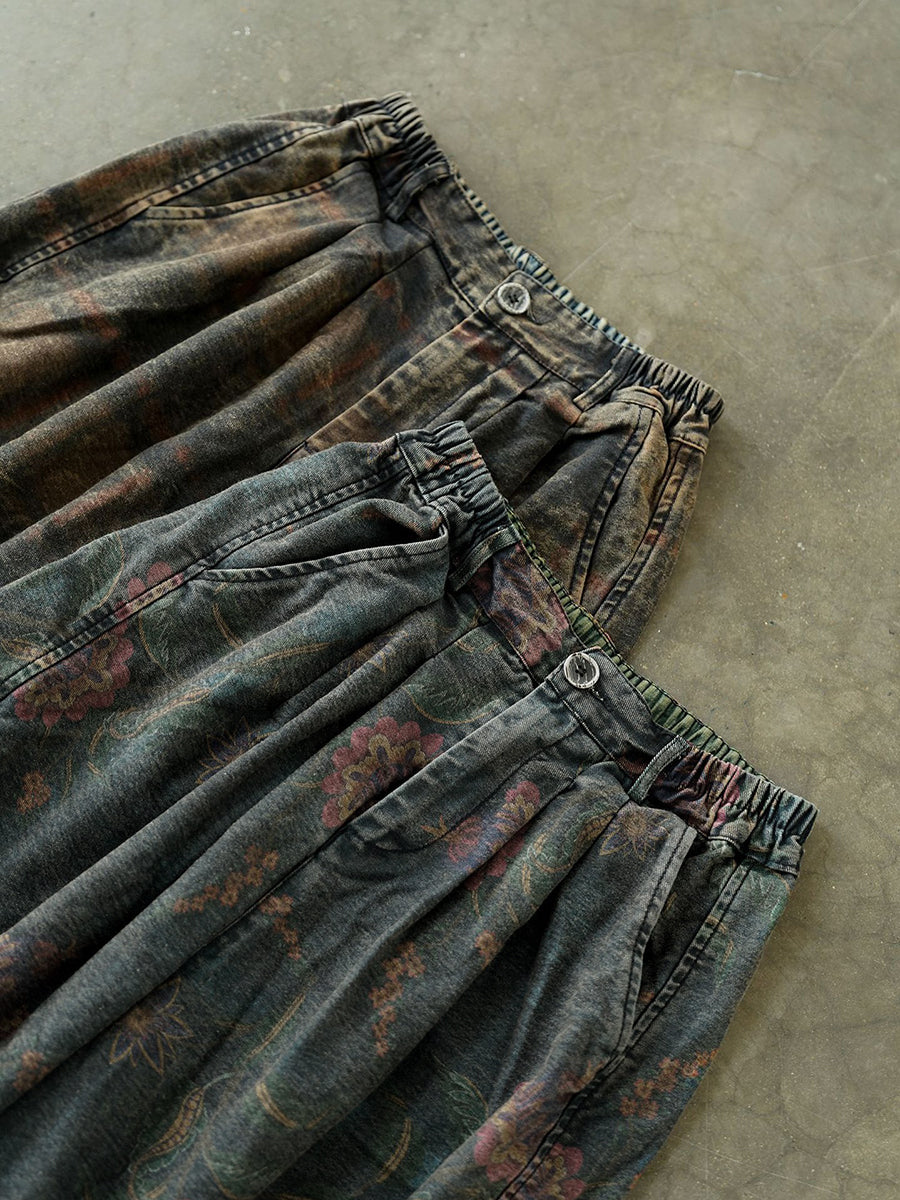 Wide Leg Pants Women - Retro Flower Design, Elastic Waist, Comfortable Fit - Brand Name - 6